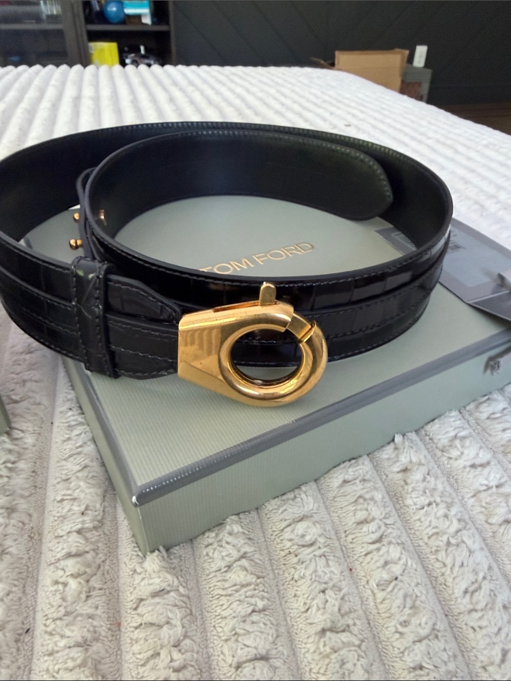 Tom Ford Black Croc-Embossed Leather Belt with Gold Oval Buckle